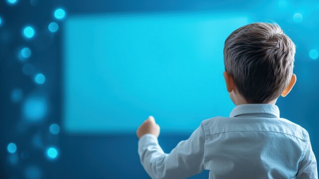 Technology Enhanced Classroom Teacher using an interactive whiteboard in a modern classroom, engaging students with digital content
