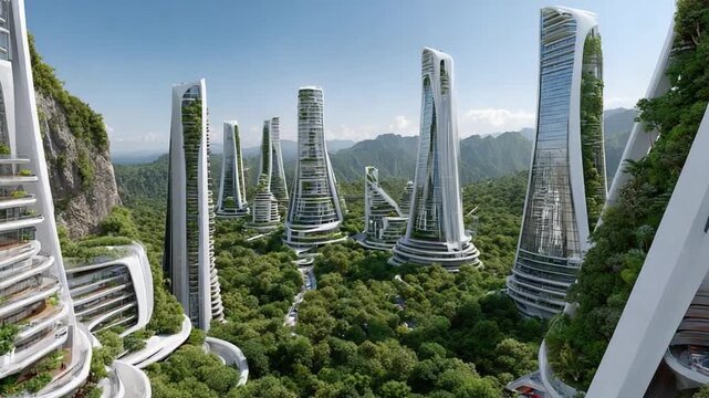 Eco-topia: Architectural marvels blend seamlessly with nature, showcasing a sustainable future where human innovation and environmental harmony converge. 