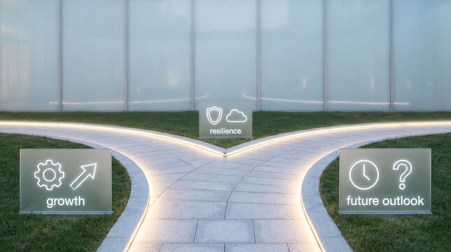 A futuristic pathway splits into two directions inside a modern building with growth and future outlook icons.