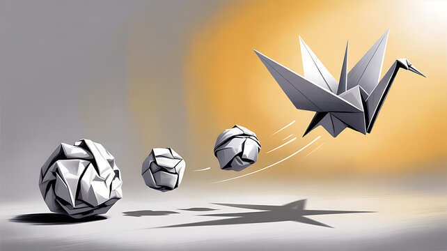 Evolving For Success and a metaphor as Transform or changing to succeed concept and leadership in business through innovation and evolution of ability as a crumpled paper transforming. 