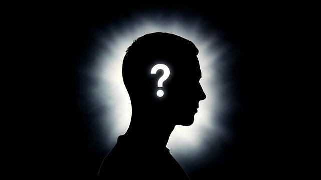 Silhouette of a person's head with a glowing question mark inside symbolizing doubt or mystery silhouette thinking confusion headlight pondering uncertainty