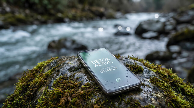 Mobile Phone Displaying Detox Active Timer in Serene Nature Environment