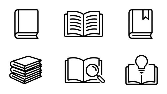 Book Icons Set: Open, Closed, Stacked, Magnifying Glass, Lightbulb Ideas, Bookmark