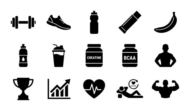 Fitness Icons Set: Dumbbell, Shoe, Water Bottle, Supplement, Banana, Trophy, Health, Workout Vector Graphics