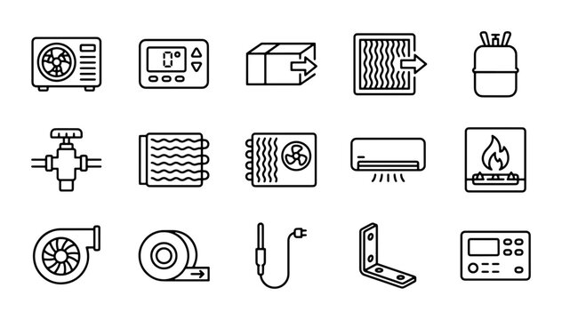 HVAC System Components Icons, Air Conditioning, Heating, Ventilation Equipment Vector Set