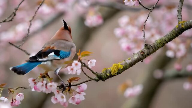 European Robin Bird Perched on Cherry Blossom Branch Spring Wildlife Nature Macro Close Up