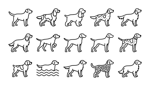 Dog Breed Icons Set, Pet Silhouettes Collection, Canine Vector Graphics, Animal Line Art