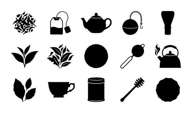 Tea Icons Set, Beverage Accessories Collection, Hot Drink Utensils, Vector Graphics