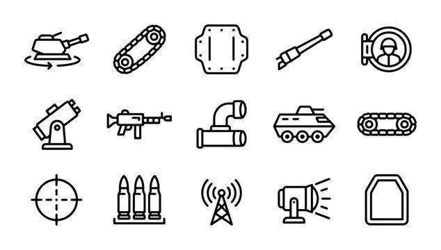 Military Icons Set: Tank Turret, Machine Gun, Ammo, Radar, Soldier, Artillery, Bulletproof Vest