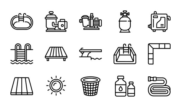 15 Pool Equipment Icons, Swimming Pool Maintenance Line Art Set, Water Recreation Accessories