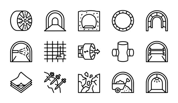 Tunnel Construction Icons, Underground Passage Vector Set, Mining Engineering Symbols