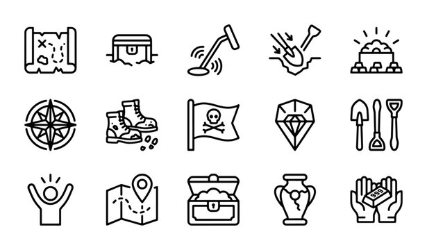 Treasure Hunt Icons: Map, Chest, Detector, Diamond, Gold, Compass, Pirate Flag, Vector Set