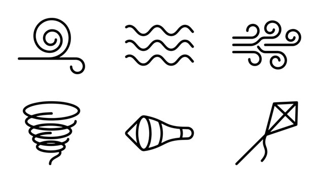 Wind Icons Set: Breeze, Gust, Tornado, Kite, Weather Symbols Vector