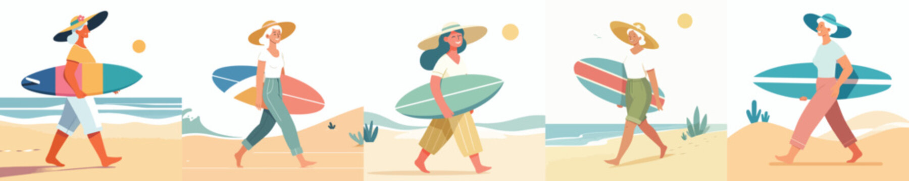 vector of a grandma walking with a surfboard in summer