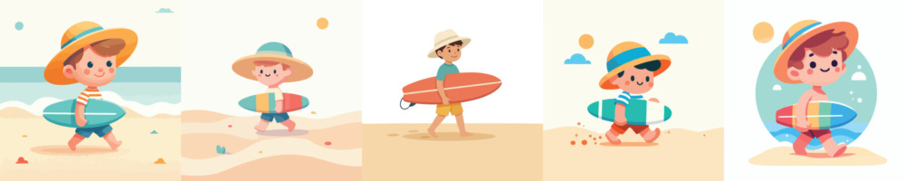 vector of a little boy walking with a surfboard in summer