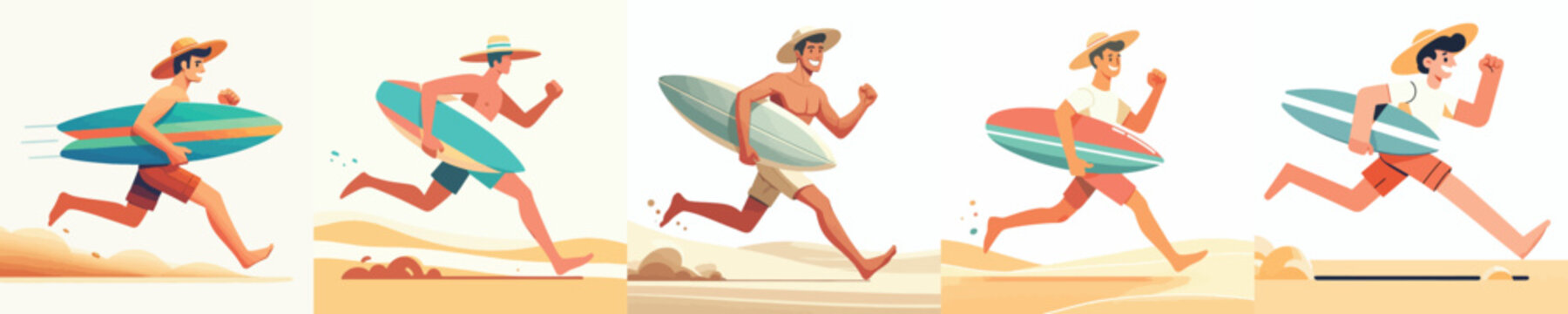 vector of a man running with a surfboard in summer