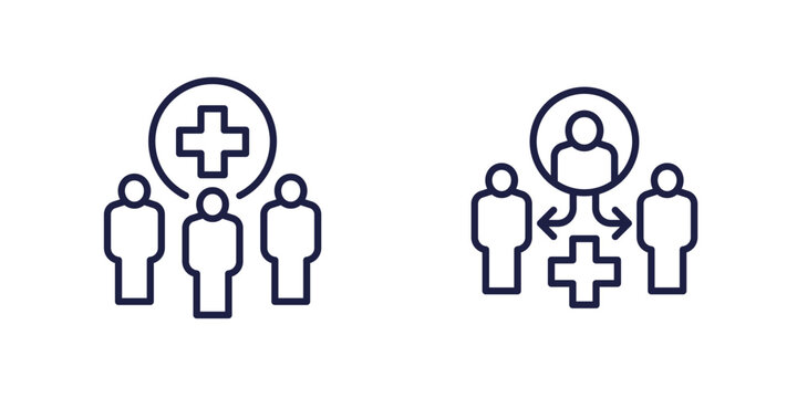 Medical referrals, patients line icons on white