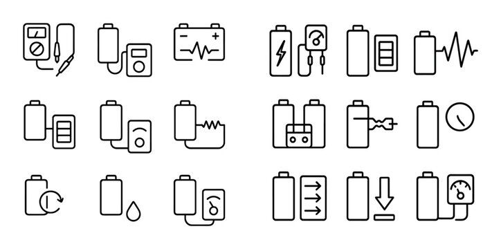 Battery testing and monitoring icons showing connectivity and gauges