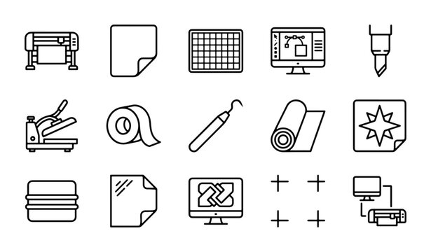 Printing and Cutting Icons Set: Plotter, Heat Press, Vinyl Cutter, Computer Graphics, Paper