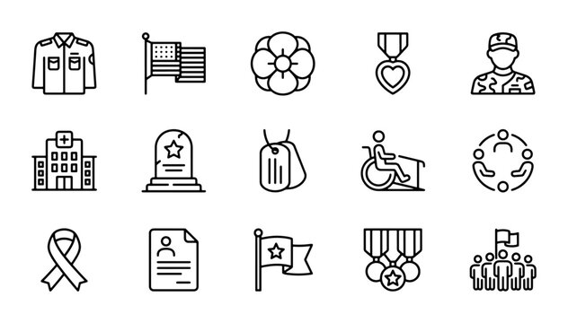 Military Icons Set: Veteran Symbols, Service Medals, Uniform, Flag, Remembrance