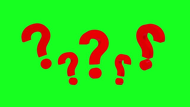 Red 3D question marks rotate and drift against a bright green chroma key background, 3D animation
