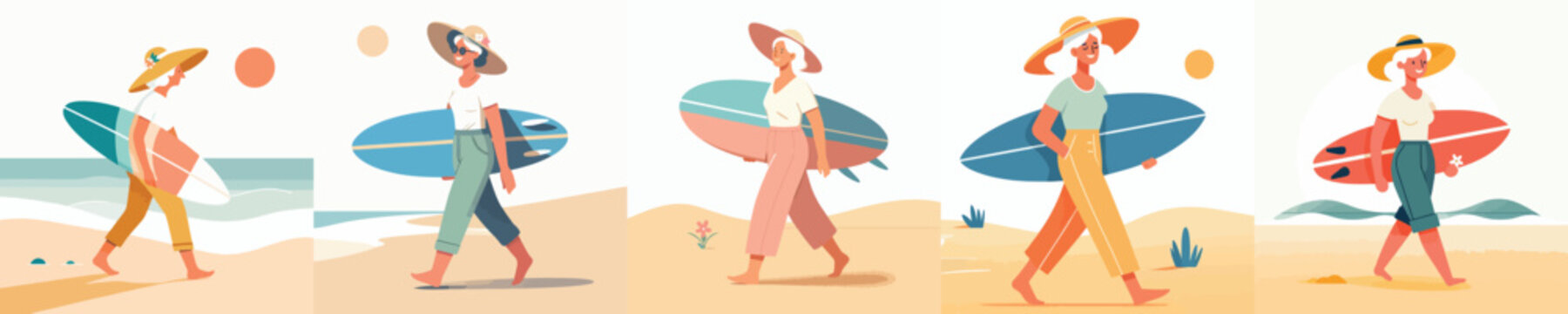 vector of a grandma walking with a surfboard in summer