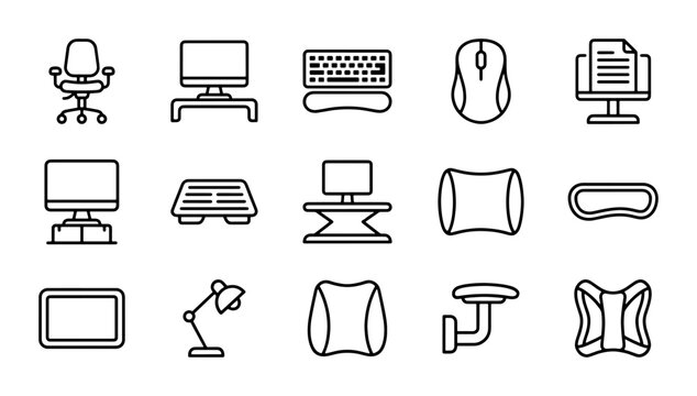 Ergonomic Office Furniture & Computer Accessories Icons, Set of 15 Vector Graphics