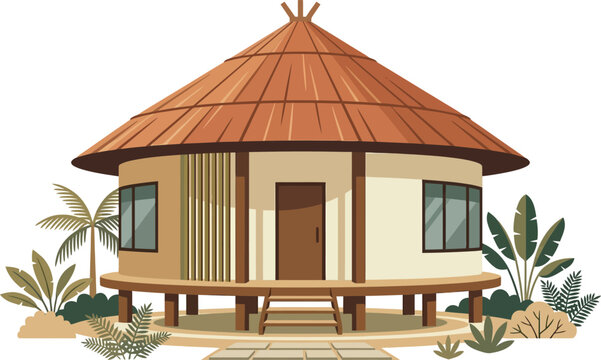 Modern Honai House Exterior Flat Vector Illustration