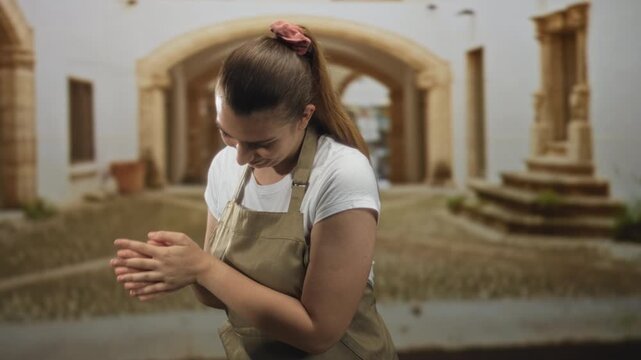 Woman in apron rubbing hands together while smiling, ponytail and scrunchie visible, standing near stone steps under an arched street entrance; calm domestic focus.