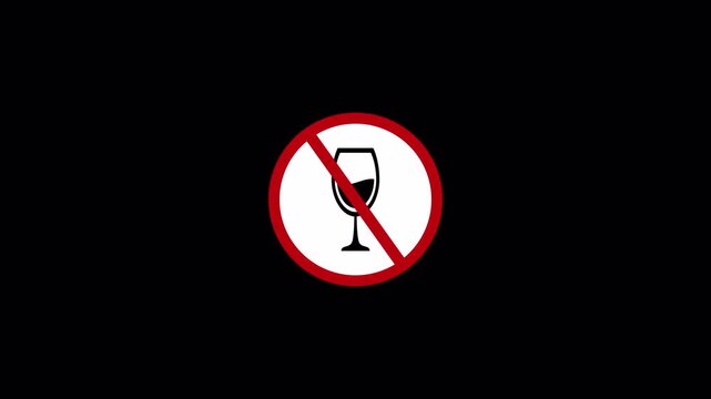 No drinking alcohol warning symbol animation  with prohibited sign on Transparent background, Animated Prohibited drinks sign animation,  stop Alcohol Consumption   animation in 4k with Alpha Channel
