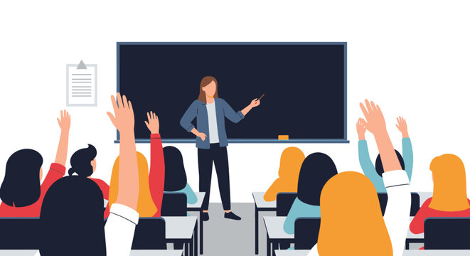 Female teacher standing by a blackboard in a classroom as students raise their hands to answer a question during an interactive lesson.