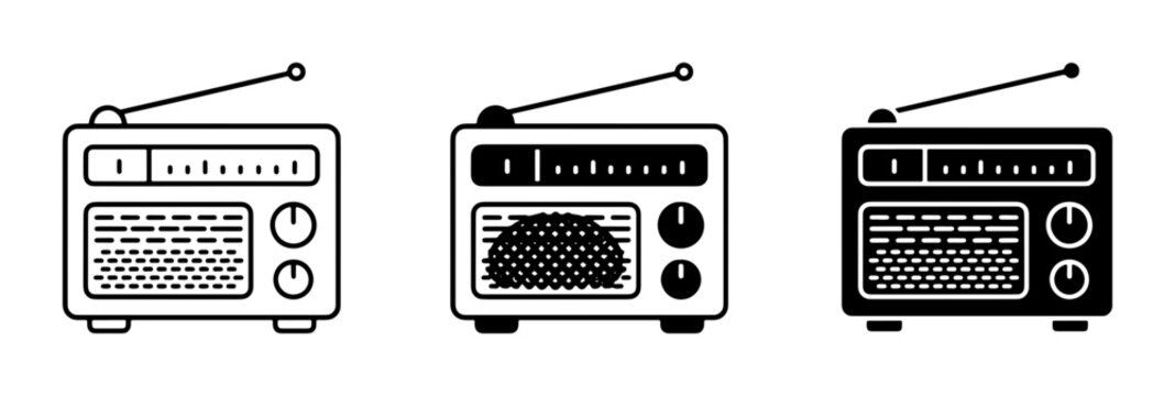 Retro radio vector icons set, vintage transistor radio symbols, black and white analog audio gear