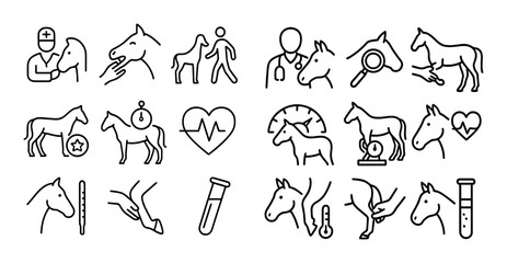 Horse care and veterinary icons showing treatments and tests