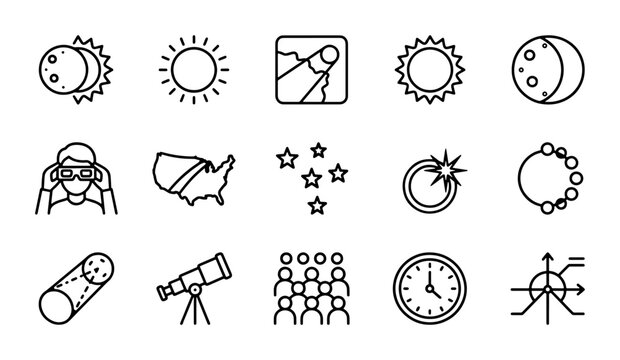 Solar eclipse icon set, 15 astronomy line icons, celestial event symbols, sun and moon vector