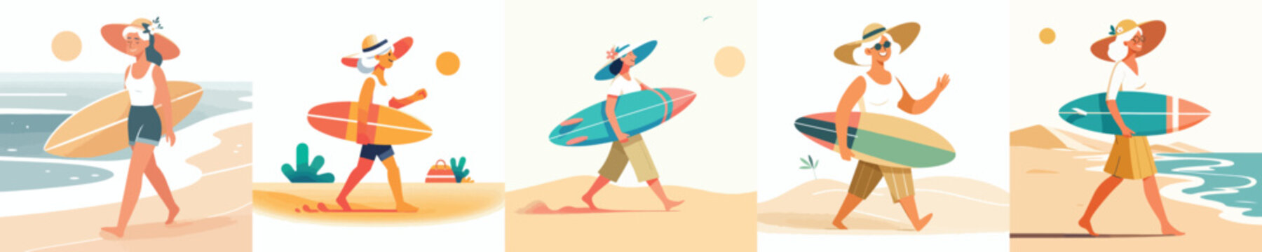 vector of a grandma walking with a surfboard in summer