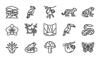 Obraz premium Jungle animal line icons, 15 tropical rainforest vector elements, exotic wildlife nature set