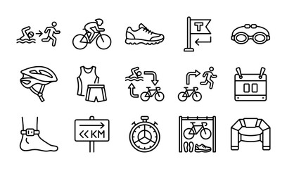 Triathlon icon set with 15 line icons, multisport race symbols, swimming cycling running vector © Monir