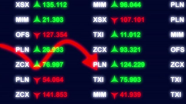 Market Downturn Visualization: A dynamic visual representation of a market downturn, with red arrows highlighting downward trends across various financial metrics, painted on a dark background.