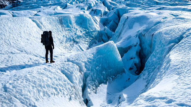 Lone Hiker Exploring Massive Ice Crevasses on Arctic Glacier at Sunset