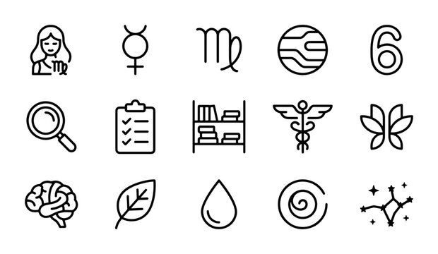 Astrology Zodiac Icons, Celestial Symbols, Medical Caduceus, Science Brain, Virgo, Mercury, 6 Numbers, Magnifying Glass, Bookshelf, Checklist, Water Drop, Spiral, Constellation, Butterfly