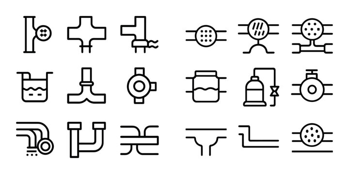 Pipeline junction and flow control icons on white background