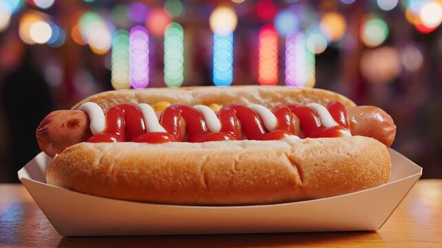 Delicious hot dog with ketchup and mustard at a festive event