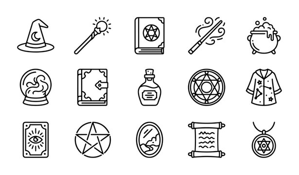 Magic Icons Set: Wizard Hat, Wand, Potion, Crystal Ball, Spellbook, Cauldron, Tarot Cards