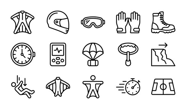 Extreme Sports Icons Set: Wingsuit, Parachute, Helmet, Goggles, Gloves, Boots, Stopwatch, Altitude Meter, Skydiver