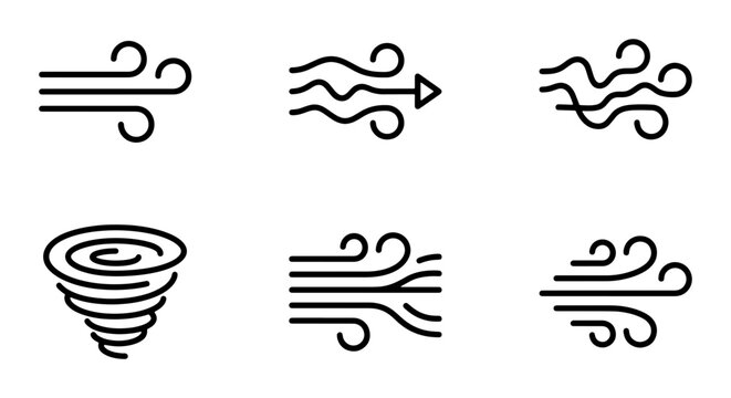 Wind Icons Set, Weather Symbols, Air Flow Graphics, Tornado and Breeze Illustrations