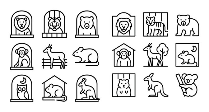 Zoo animal icons arranged in rows on white grid background