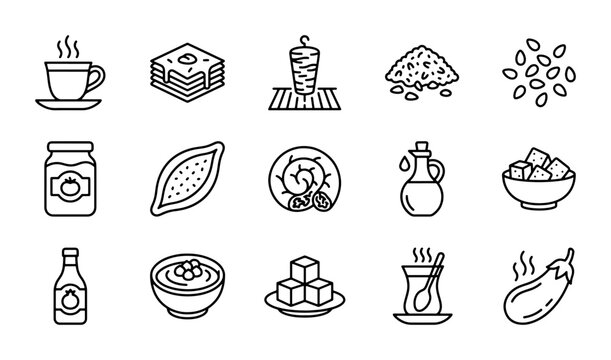 Middle Eastern Food Icons: Shawarma, Baklava, Tea, Hummus, Eggplant, Olive Oil