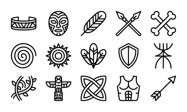 Tribal Icons Set: Ancient Symbols, Masks, Totems, Shields, Arrows, Bones, Feathers, Bracelets, Spirals, Sun