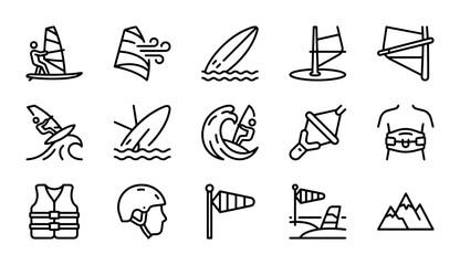 Windsurfing Icons Set, Water Sports Equipment Vector Graphics, Extreme Activity Symbols Collection © Imran