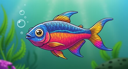 Fototapeta premium 虹色の熱帯魚、水中イラスト